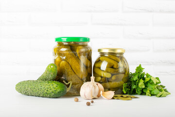 green canned food, cucumbers Glass jar