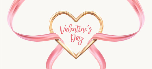 Golden heart frame with elegant red ribbon. Romantic and love background. Valentine's Day Holiday theme. Vector illustration.