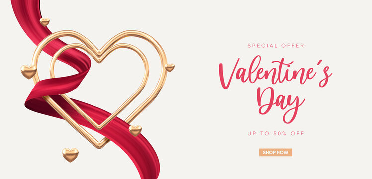 Golden heart frame with elegant red ribbon. Romantic and love background. Valentine's Day Holiday theme. Vector illustration.