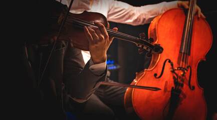 Musicians play violins and cellos at a concert.