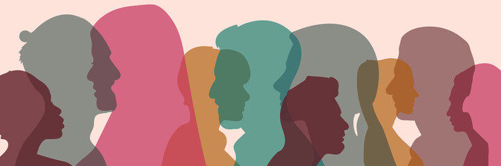 Intercontinental dialogue and Multiple exposure vector. Silhouette profiles of multiracial people. Group of people of different ages and nationalities.