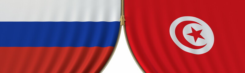 Russia and Tunisia political cooperation or conflict, flags and closing or opening zipper, conceptual 3D rendering