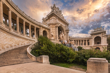 Sunset over Palais Longchamp in Marseille, France. One of the most impressive monument in the city.