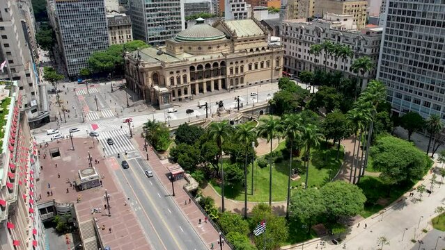 Sao Paulo Municipal Theatre at cityscape Sao Paulo Brazil. Stunning landscape of historic centre of city. Medieval buildings and viaducts of historic center of Sao Paulo. Travel destinations.