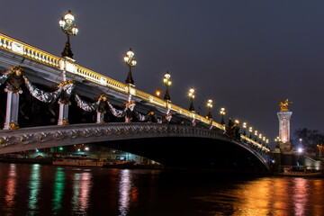 Fototapeta na wymiar Paris at night, Pont Alexandre III, reflection of lights in the river Seine,