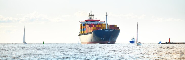 Large cargo container ship sailing in the Baltic sea. Concept seascape. Panoramic view from the...
