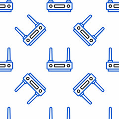 Obraz premium Line Router and wi-fi signal icon isolated seamless pattern on white background. Wireless ethernet modem router. Computer technology internet. Colorful outline concept. Vector