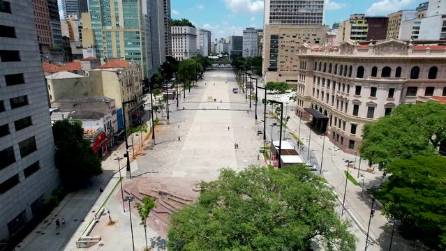 Anhangabau Valley at downtown Sao Paulo Brazil. Stunning landscape of historic centre of city. Medieval buildings and viaducts of historic center of Sao Paulo. Travel destinations.