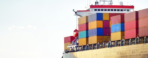 Large cargo container ship sailing in the Baltic sea. Concept seascape. Panoramic view from the...