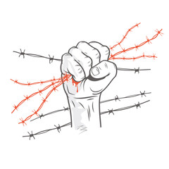 Barbed wire clenched in fist. Illustration on the theme of dictatorship and the Holocaust. Console camp. Resistance and revolution symbol concept. - obrazy, fototapety, plakaty