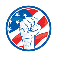 Round label with a hand holding a torch of the flame of liberty on the background of the American flag