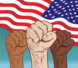 Flag of the United States of America with fists up as a symbol of the fight for equality and freedom. Independence Day holiday. Vector illustration.