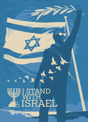 Man holds an olive branch as peace, truce on the background of the National Flag of Israel.