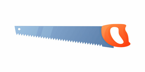 Vector illustration hacksaw with orange handle isolated on white background. Carpenter or repairmen handsaw vector icon in flat cartoon style. Construction tool. Saw for cutting metal and tree.