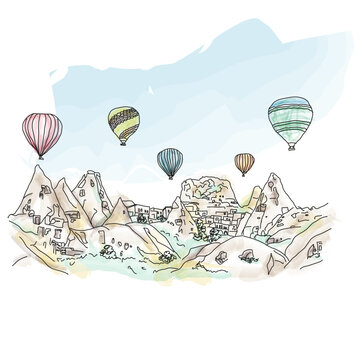Watercolor, vector illustration for travel magazine, web, poster, social media, postcard. Colorful hot air balloons flyi in blue sky above unusual rocky landscape in Cappadocia near Goreme, Turkey