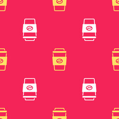 Yellow Coffee cup to go icon isolated seamless pattern on red background. Vector