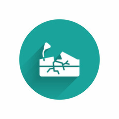 White Earthquake icon isolated with long shadow. Green circle button. Vector