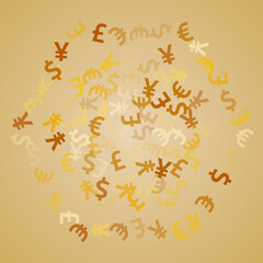 Euro dollar pound yen golden signs scatter money vector illustration. Business pattern. Currency