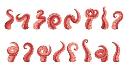 Octopus tentacles icons. Limbs of the sea monster kraken. Set of sea octopus twisted tentacles with suckers vector illustration. © setory