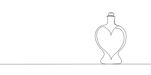 Heart shaped glass bottle continuous line drawing. One line art of perfume, eau de toilette, aroma, pheromones, love potion, feelings, charm, gift.
