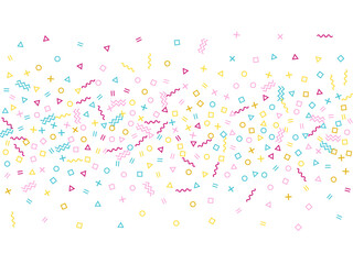 Memphis style geometric confetti background with triangle, circle, square, zigzag and wavy line