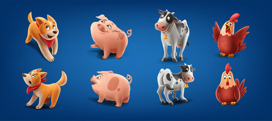 set of cartoon animals for farm dog cow chicken pig  - 482926148