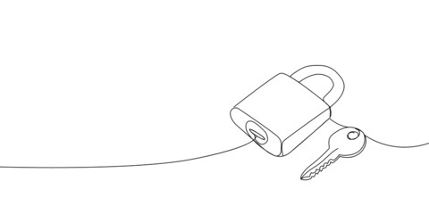 Key padlock continuous line drawing. One line art of time of protection, security, lock, love, related, key, open, solution, couple, symbolism.