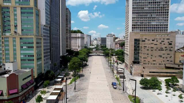 Anhangabau Valley at cityscape Sao Paulo Brazil. Stunning landscape of historic centre of city. Medieval buildings and viaducts of historic center of Sao Paulo. Travel destinations.