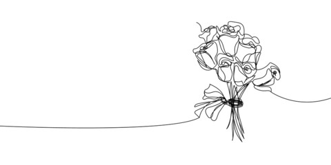 Bouquet of chinese roses continuous line drawing. One line art of decoration, flowers, tea roses, garden flowers, bouquet, floristry, romance, gift, relationship, love, peonies, dahlias, carnations.