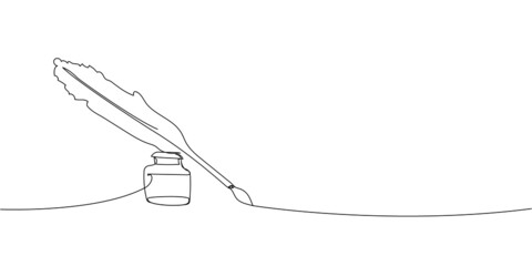 Inkwell and feather continuous line drawing. One line art of love letter, antique, romance, classic, retro, write, calligraphy.