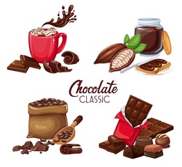 Chocolate products banners. Candy, Cocoa Beans, popsicle, Chips, Chocolate Bar, spred and ets for confectionery products shop. Vector illustration.