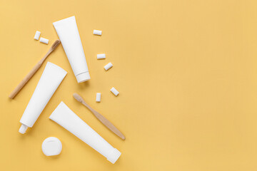 Set of dental hygiene on beige background