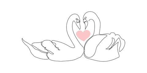 Two swans in love continuous with heart line drawing. One line art of time of love, couple, heart, hugging, birds, family, relationship, lovers, symbolism.