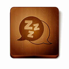 Brown Sleepy icon isolated on white background. Sleepy zzz black talk bubble. Wooden square button. Vector