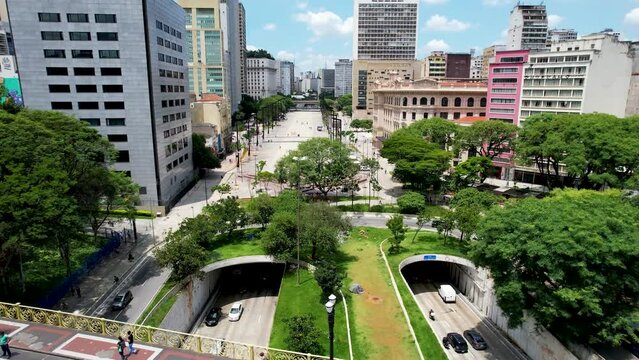 Santa Efigencia Viaduct at cityscape Sao Paulo Brazil. Stunning landscape of historic center of city. Medieval buildings and viaducts of historic center of Sao Paulo. Travel destination.