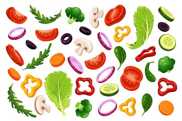 Flying or falling sliced vegetables, lettuce and greens. Tomatoes, arugula, olives, cucumbers, peppers, broccoli, champignons, etc. Chopped vegetables for healthy cooking vector illustration.