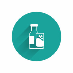 White Closed glass bottle with milk and glass icon isolated with long shadow. Green circle button. Vector