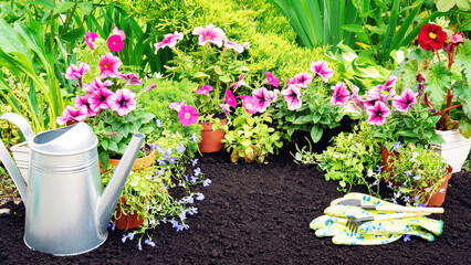 Garden flowers banner with copy space. Planting potted flowers in the soil in early spring. Pink...