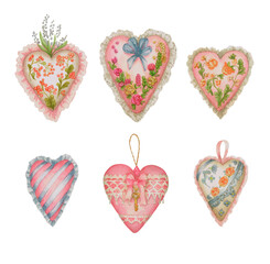 Handmade Heart set. Cute soft decorations for Valentine's day. The image is hand-drawn and isolated on a white background. Watercolor.