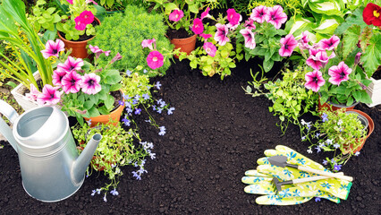 Blooming flowers in pots stand on black soil in a flower bed. Planting spring flowers in the soil...