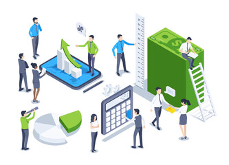 isometric vector illustration on a white background, people in business clothes next to charts and a stack of dollar bills, analytics and financial work
