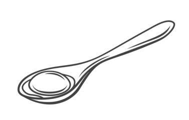 Chicken raw egg yolk on a metal spoon outline drawn vector illustration.