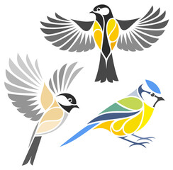 Stylized Birds - Great Tit, Willow Tit and Eurasian Blue Tit