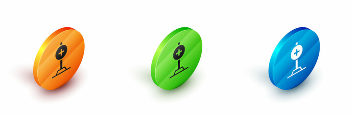 Isometric Medical map pointer with cross hospital icon isolated on white background. Circle button. Vector