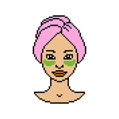 Pixel art asian woman applies green under-eye patches wearing a pink head towel after a shower. 8 bit caucasian female character on white. Anti-age beauty routine procedure. Skin care spa salon girl.