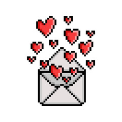 Pixel art love letter. 8 bit open envelope with many flying red hearts isolated on white background. Valentine's day clip art. February 14th romantic gift print. Surprise mail symbol. Received message