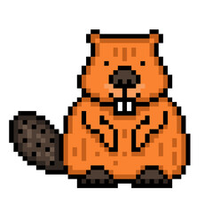 Pixel art sitting beaver icon isolated on white background. 8 bit funny forest animal character logo. Old school vintage retro 80s, 90s 2d computer, video game, slot machine graphics. Wildlife rodent.