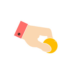 A human hand hold a coin. Hand gives a gold coin. Pink shirt lapel with black button. Issuing a loan, salary, alms, charity sign. Flat vector illustration isolated on white background.