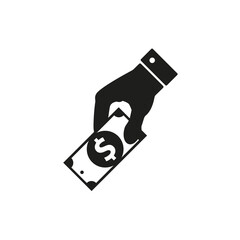 Hand holding a dollar bill. Payment with money, buying or purchase, salary and earnings icon. Flat vector illustration isolated on white background.