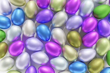 3d render of pastel colored Easter eggs pattern flat lay